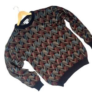 Vintage Mens Geometric Crew Neck Knitted Multicolor Sweater Size Medium